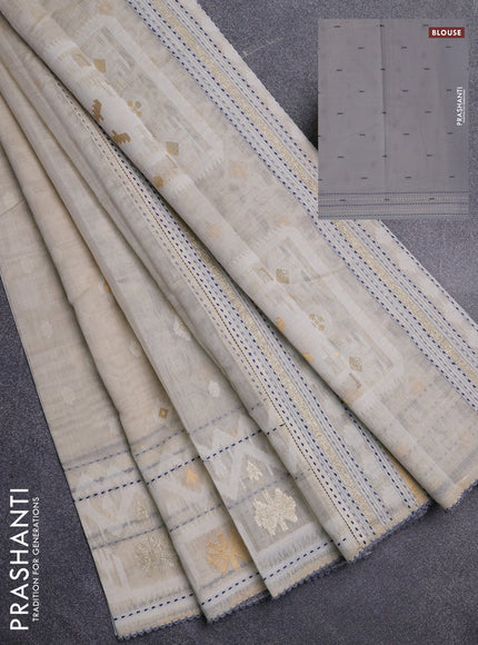 Chanderi silk cotton saree cream and grey with thread & zari woven buttas and jamdhani kantha stitch work border