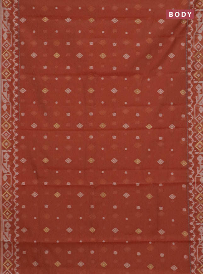 Chanderi silk cotton saree rust shade and teal green with thread & zari woven buttas and jamdhani kantha stitch work border