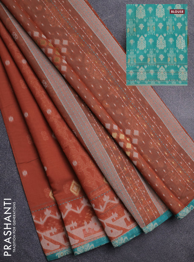 Chanderi silk cotton saree rust shade and teal green with thread & zari woven buttas and jamdhani kantha stitch work border