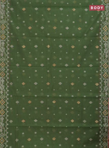 Chanderi silk cotton saree sap green and dark peach with thread & zari woven buttas and jamdhani kantha stitch work border