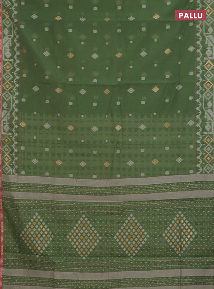 Chanderi silk cotton saree sap green and dark peach with thread & zari woven buttas and jamdhani kantha stitch work border