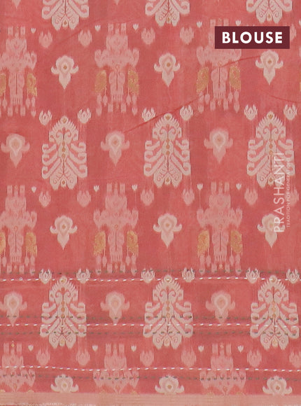 Chanderi silk cotton saree sap green and dark peach with thread & zari woven buttas and jamdhani kantha stitch work border