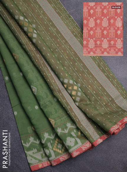 Chanderi silk cotton saree sap green and dark peach with thread & zari woven buttas and jamdhani kantha stitch work border