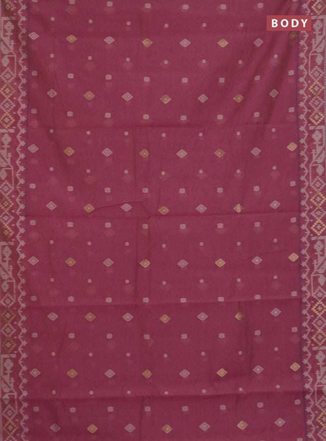 Chanderi silk cotton saree mauve pink and blue shade with thread & zari woven buttas and jamdhani kantha stitch work border