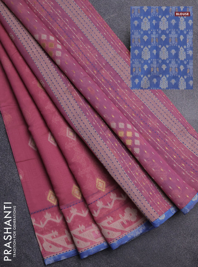 Chanderi silk cotton saree mauve pink and blue shade with thread & zari woven buttas and jamdhani kantha stitch work border