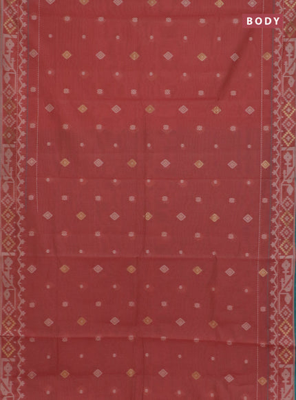 Chanderi silk cotton saree dark peach and teal green with thread & zari woven buttas and jamdhani kantha stitch work border