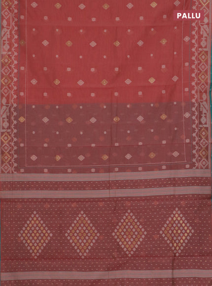 Chanderi silk cotton saree dark peach and teal green with thread & zari woven buttas and jamdhani kantha stitch work border