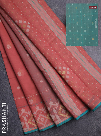 Chanderi silk cotton saree dark peach and teal green with thread & zari woven buttas and jamdhani kantha stitch work border