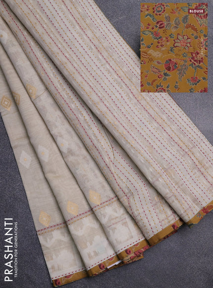 Chanderi silk cotton saree cream and mustard yellow with thread & zari woven buttas and jamdhani kantha stitch work border