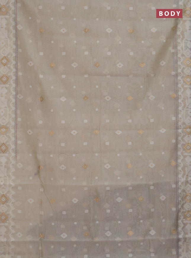 Chanderi silk cotton saree cream and pastel green with thread & zari woven buttas and jamdhani kantha stitch work border