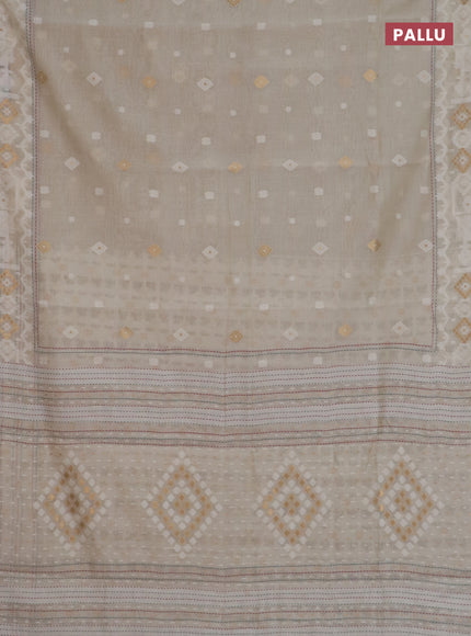 Chanderi silk cotton saree cream and pastel green with thread & zari woven buttas and jamdhani kantha stitch work border