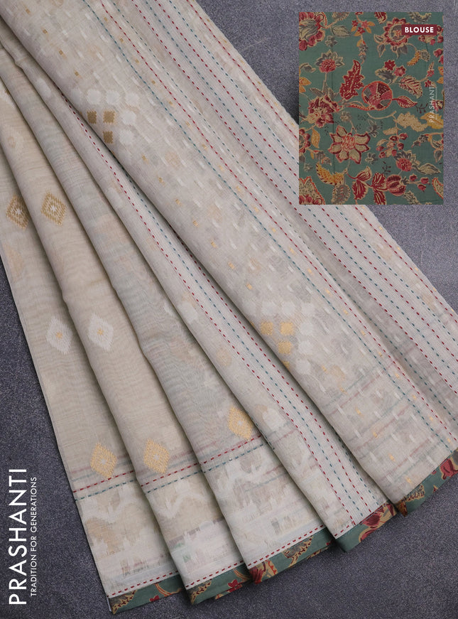 Chanderi silk cotton saree cream and pastel green with thread & zari woven buttas and jamdhani kantha stitch work border