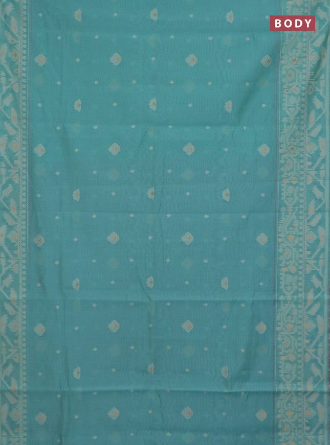 Chanderi silk cotton saree teal shade and mauve pink with thread & zari woven buttas and jamdhani kantha stitch work border