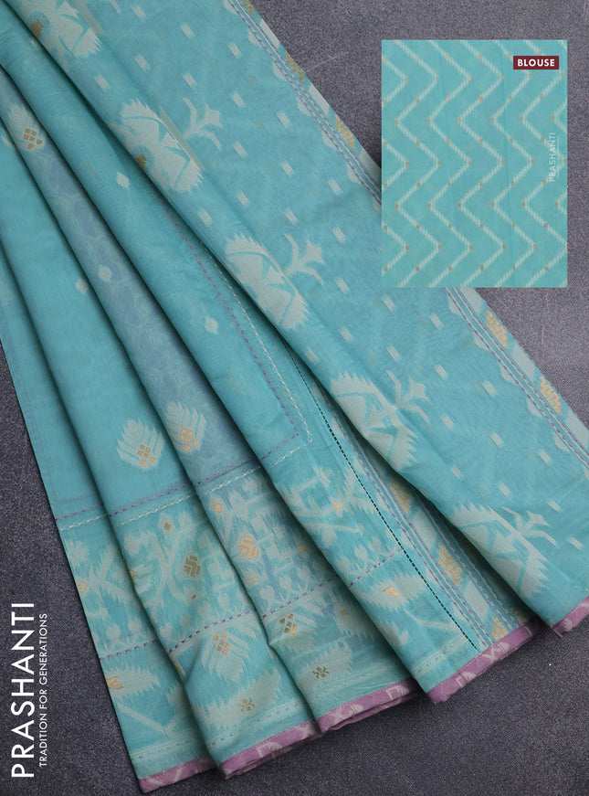 Chanderi silk cotton saree teal shade and mauve pink with thread & zari woven buttas and jamdhani kantha stitch work border