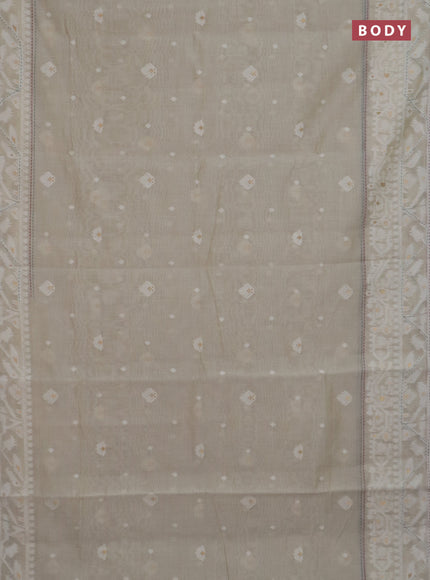 Chanderi silk cotton saree cream and pastel green with thread & zari woven buttas and jamdhani kantha stitch work border