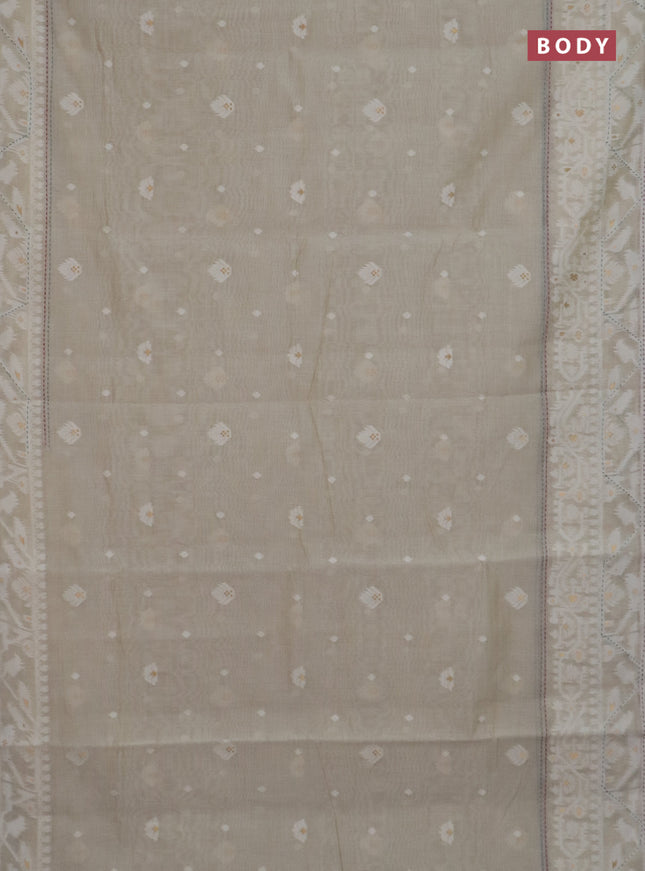 Chanderi silk cotton saree cream and pastel green with thread & zari woven buttas and jamdhani kantha stitch work border