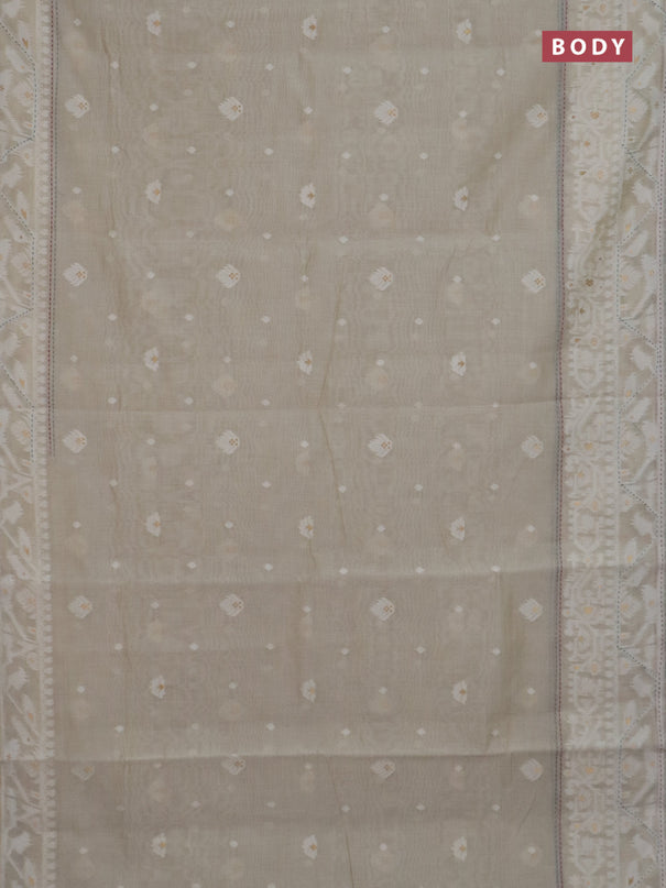 Chanderi silk cotton saree cream and pastel green with thread & zari woven buttas and jamdhani kantha stitch work border