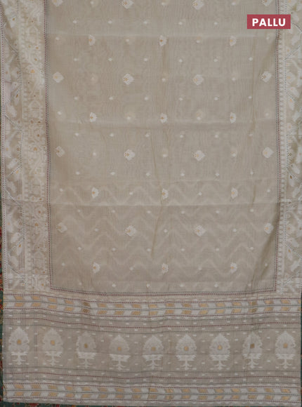 Chanderi silk cotton saree cream and pastel green with thread & zari woven buttas and jamdhani kantha stitch work border