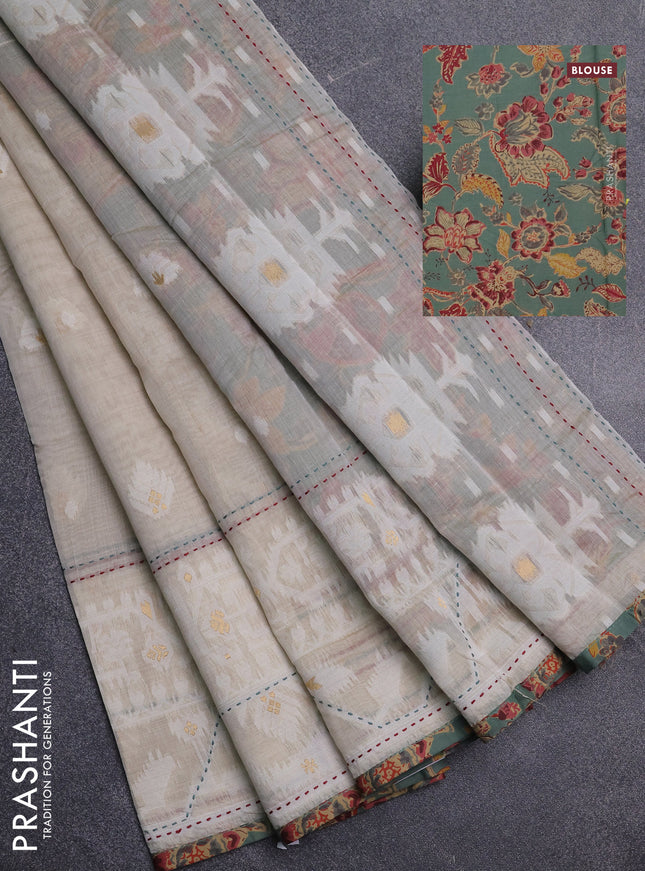 Chanderi silk cotton saree cream and pastel green with thread & zari woven buttas and jamdhani kantha stitch work border