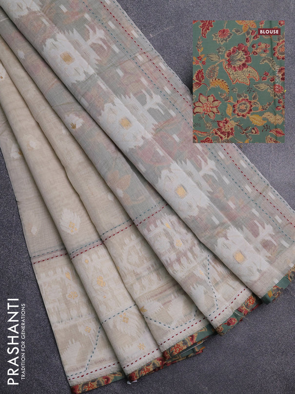 Chanderi silk cotton saree cream and pastel green with thread & zari woven buttas and jamdhani kantha stitch work border