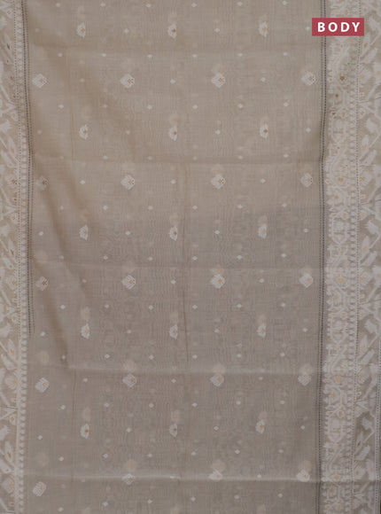 Chanderi silk cotton saree beige and mehendi green with thread & zari woven buttas and jamdhani kantha stitch work border