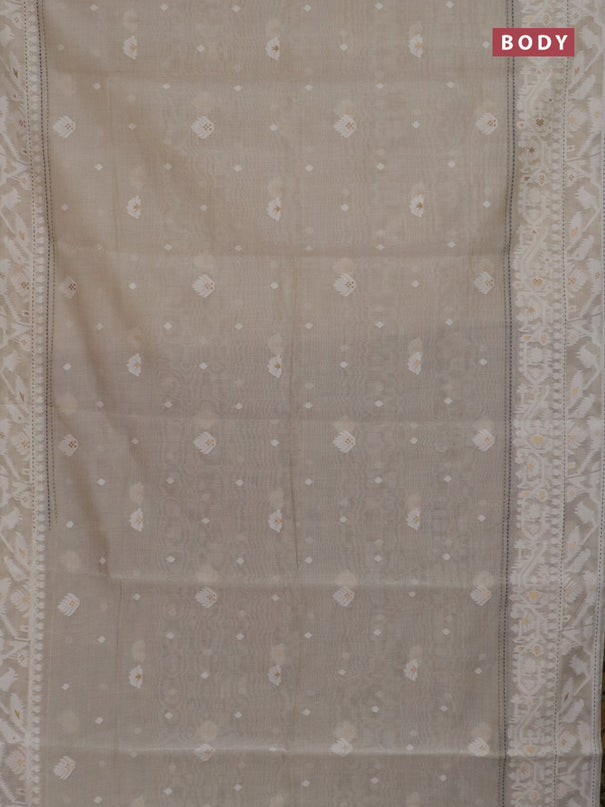 Chanderi silk cotton saree beige and mehendi green with thread & zari woven buttas and jamdhani kantha stitch work border