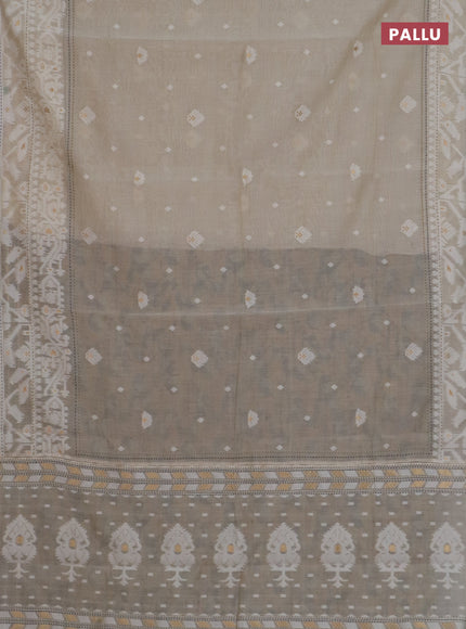 Chanderi silk cotton saree beige and mehendi green with thread & zari woven buttas and jamdhani kantha stitch work border