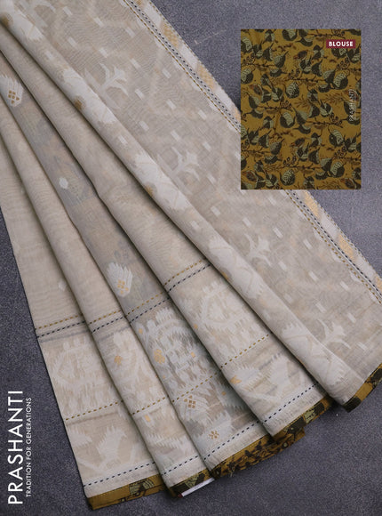 Chanderi silk cotton saree beige and mehendi green with thread & zari woven buttas and jamdhani kantha stitch work border