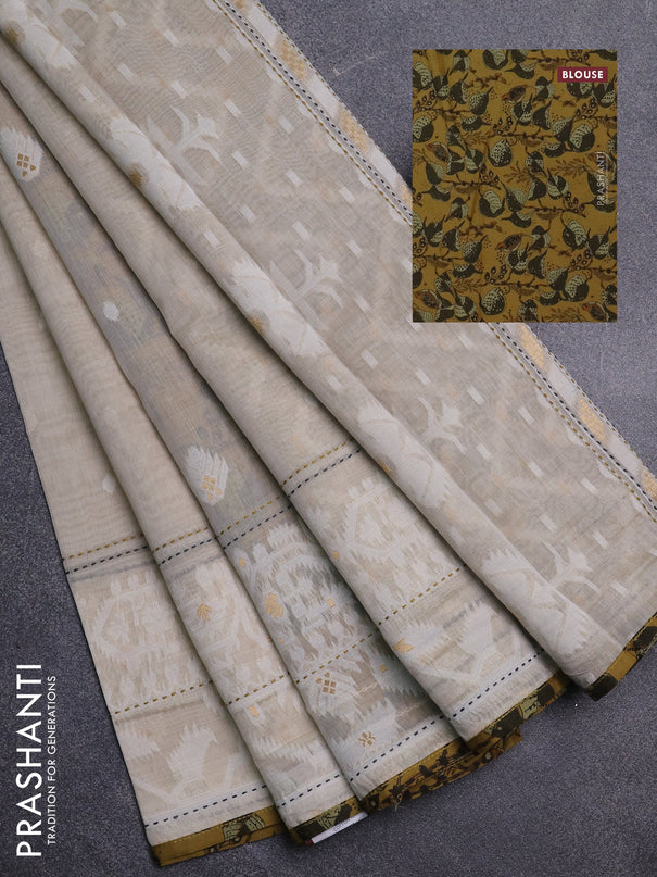 Chanderi silk cotton saree beige and mehendi green with thread & zari woven buttas and jamdhani kantha stitch work border