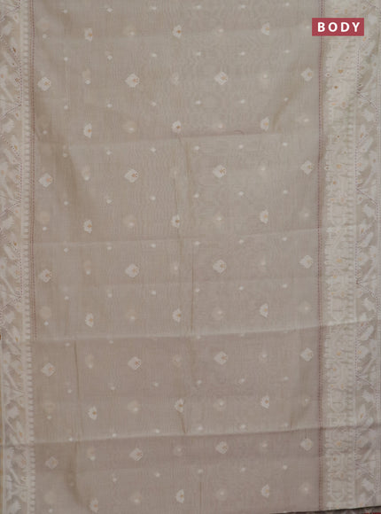 Chanderi silk cotton saree cream and pastel maroon shade with thread & zari woven buttas and jamdhani kantha stitch work border