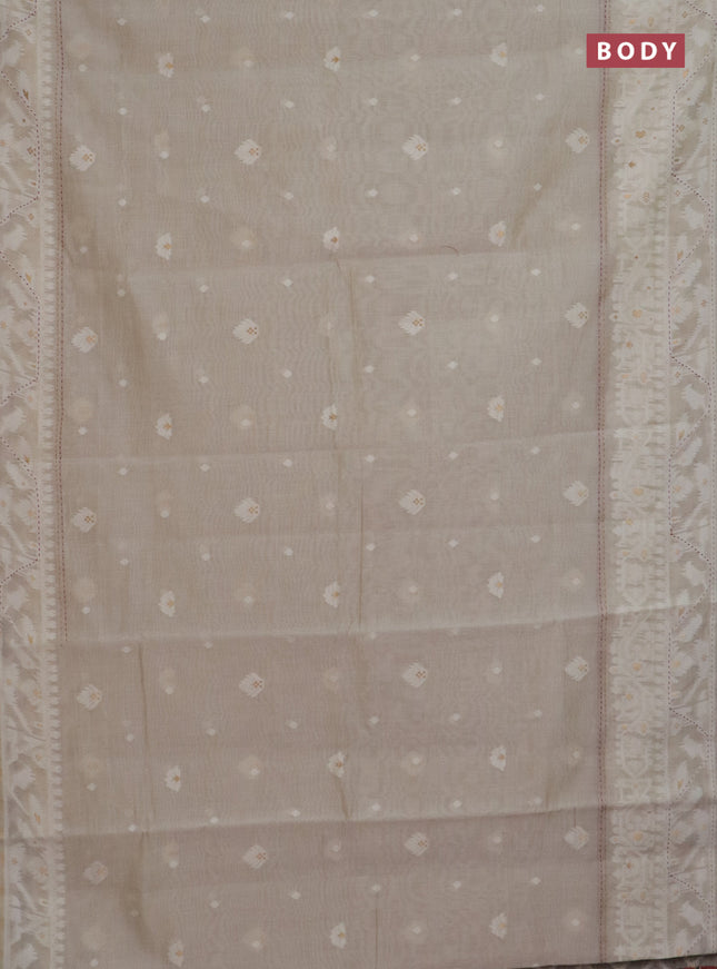 Chanderi silk cotton saree cream and pastel maroon shade with thread & zari woven buttas and jamdhani kantha stitch work border