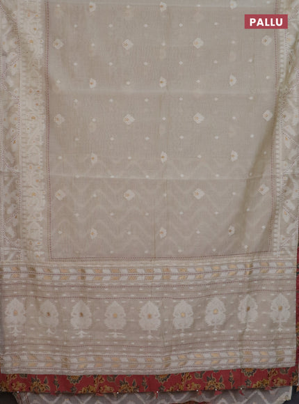 Chanderi silk cotton saree cream and pastel maroon shade with thread & zari woven buttas and jamdhani kantha stitch work border