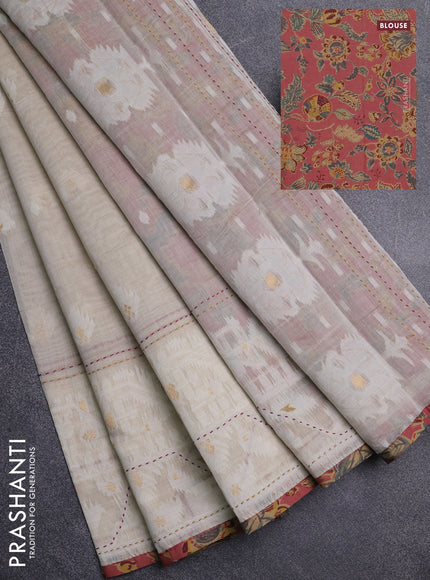 Chanderi silk cotton saree cream and pastel maroon shade with thread & zari woven buttas and jamdhani kantha stitch work border