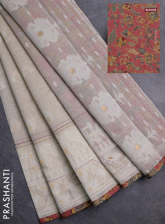 Chanderi silk cotton saree cream and pastel maroon shade with thread & zari woven buttas and jamdhani kantha stitch work border