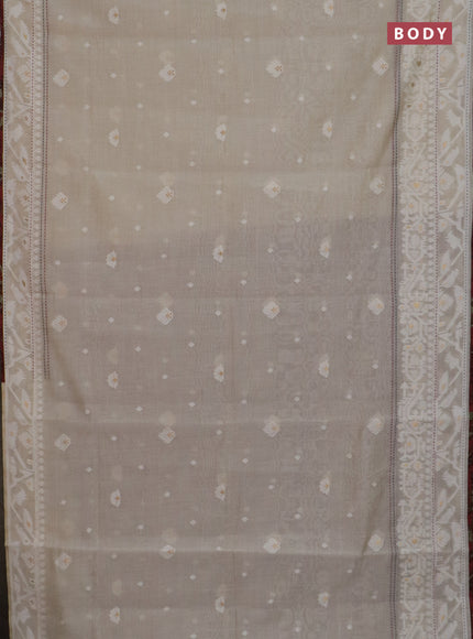 Chanderi silk cotton saree cream and maroon with thread & zari woven buttas and jamdhani kantha stitch work border