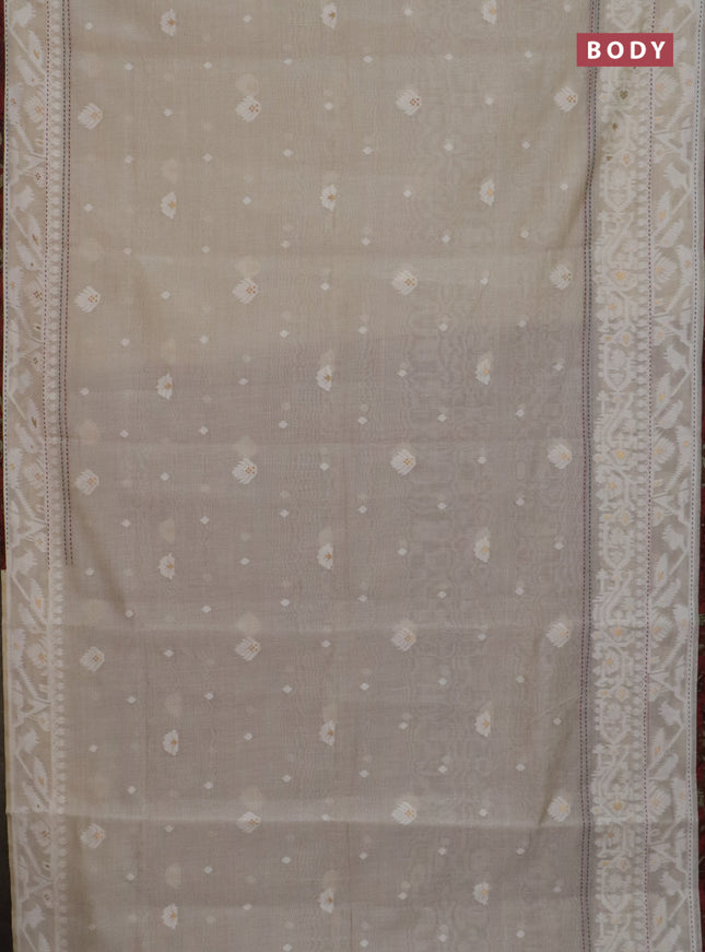 Chanderi silk cotton saree cream and maroon with thread & zari woven buttas and jamdhani kantha stitch work border