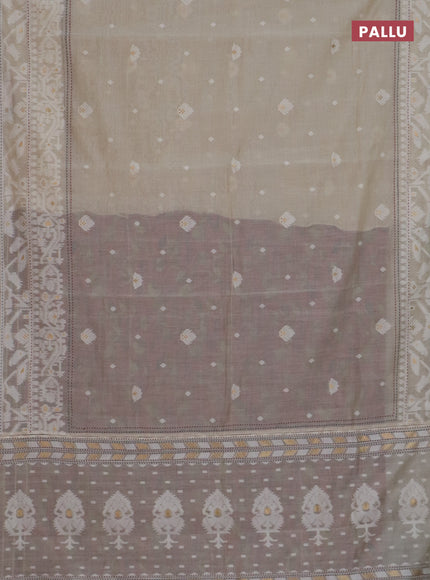 Chanderi silk cotton saree cream and maroon with thread & zari woven buttas and jamdhani kantha stitch work border