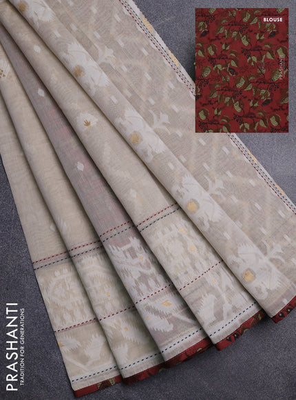 Chanderi silk cotton saree cream and maroon with thread & zari woven buttas and jamdhani kantha stitch work border