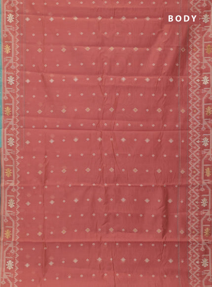 Chanderi silk cotton saree dark peach and light blue with thread & zari woven buttas and jamdhani kantha stitch work border