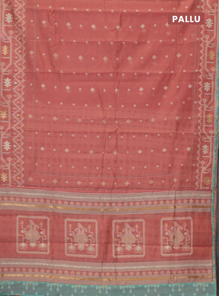 Chanderi silk cotton saree dark peach and light blue with thread & zari woven buttas and jamdhani kantha stitch work border