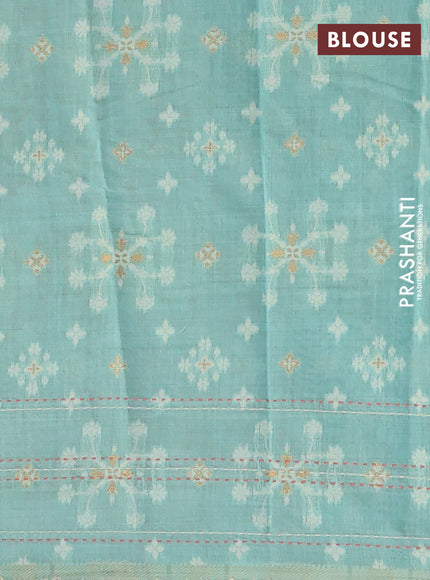 Chanderi silk cotton saree dark peach and light blue with thread & zari woven buttas and jamdhani kantha stitch work border
