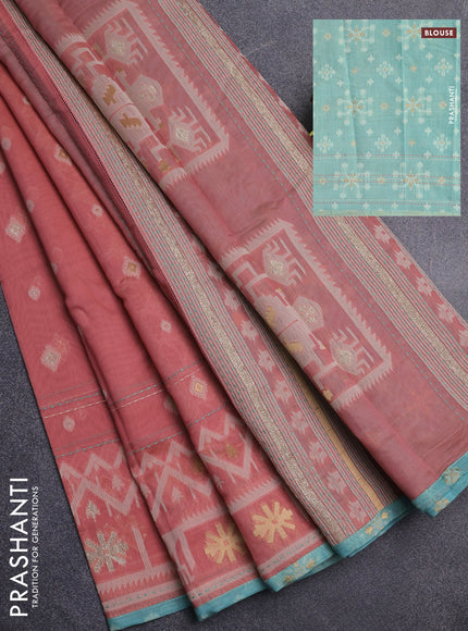 Chanderi silk cotton saree dark peach and light blue with thread & zari woven buttas and jamdhani kantha stitch work border