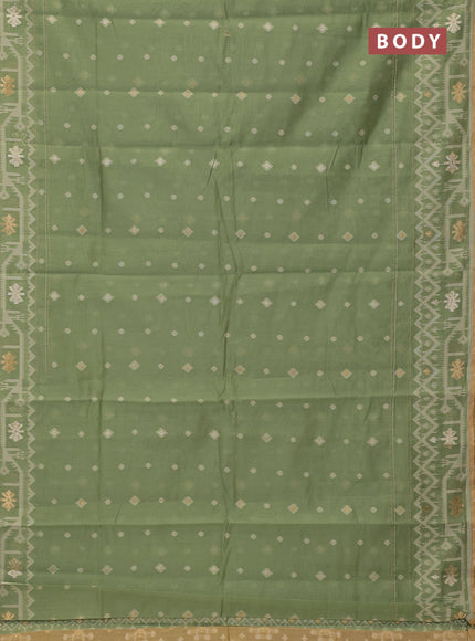 Chanderi silk cotton saree pastel green and sandal with thread & zari woven buttas and jamdhani kantha stitch work border