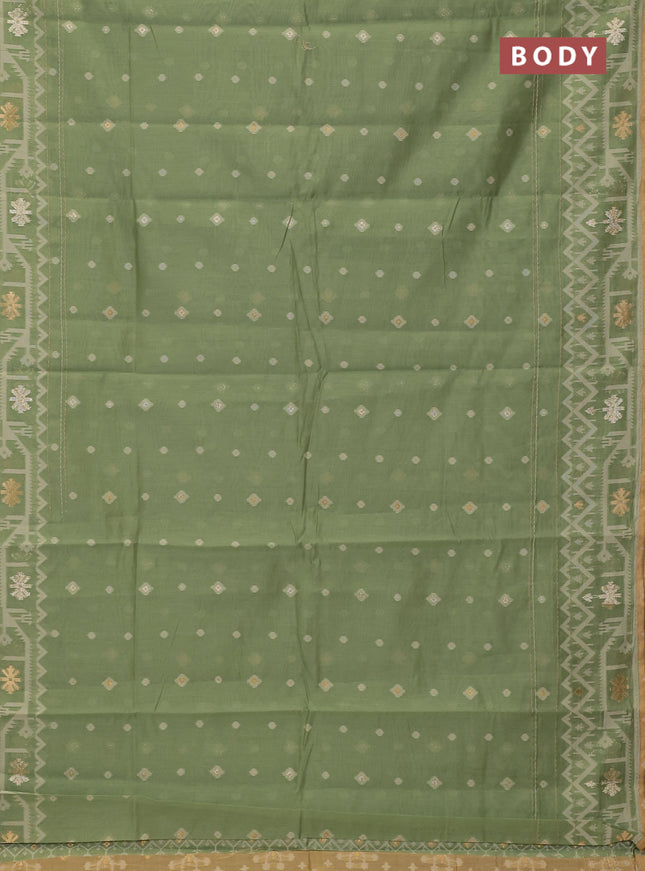 Chanderi silk cotton saree pastel green and sandal with thread & zari woven buttas and jamdhani kantha stitch work border