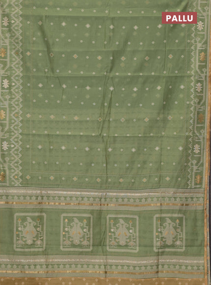 Chanderi silk cotton saree pastel green and sandal with thread & zari woven buttas and jamdhani kantha stitch work border