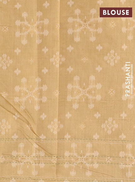 Chanderi silk cotton saree pastel green and sandal with thread & zari woven buttas and jamdhani kantha stitch work border