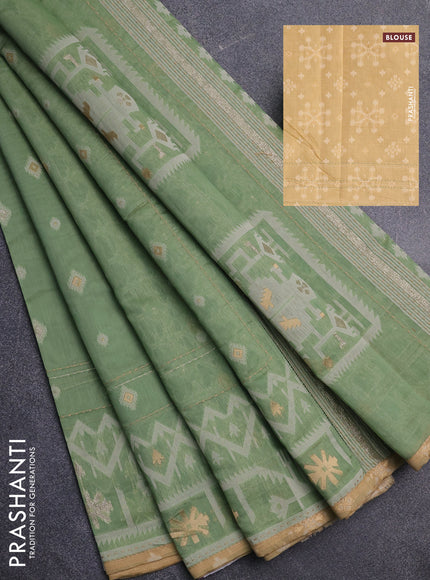 Chanderi silk cotton saree pastel green and sandal with thread & zari woven buttas and jamdhani kantha stitch work border