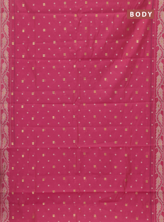 Chanderi silk cotton saree pink and cream with thread & zari woven buttas and jamdhani kantha stitch work border