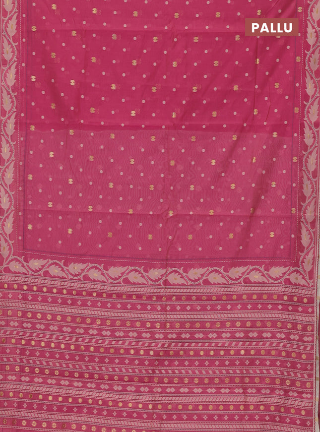 Chanderi silk cotton saree pink and cream with thread & zari woven buttas and jamdhani kantha stitch work border