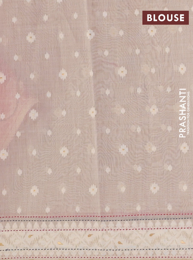 Chanderi silk cotton saree pink and cream with thread & zari woven buttas and jamdhani kantha stitch work border